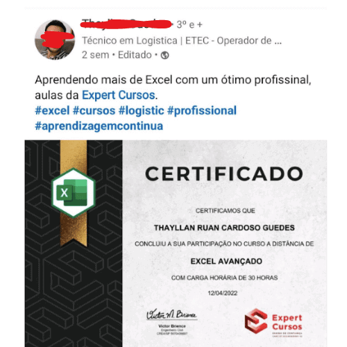 Expert Cursos,curso de Excel com certificado reconhecido.