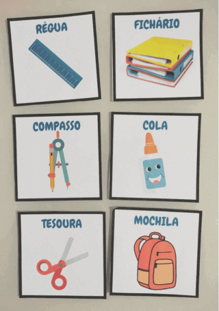 Cards de material escolar para uma comunicação alternativa.