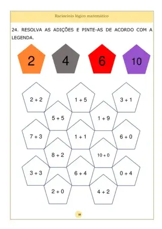 Páginas de atividades de discalculia com exercícios de lógica, números e quantidades.