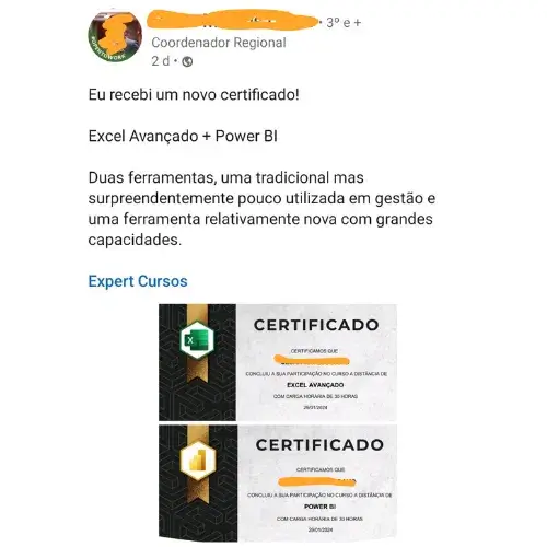 Certificado de conclusão dos cursos de Excel e Power BI da Expert Cursos.