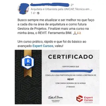 Certificado do Curso de Revit da Expert Cursos